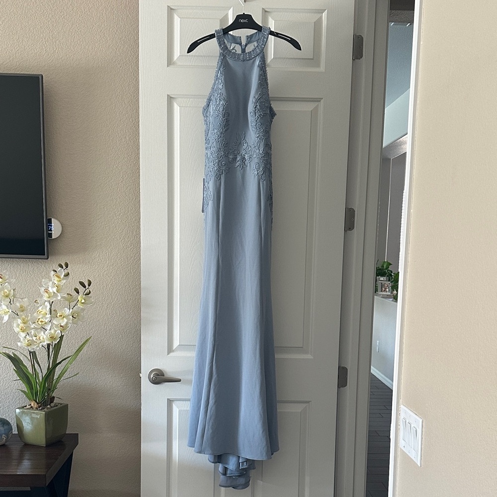 Azazie Slate Blue Halter Gown